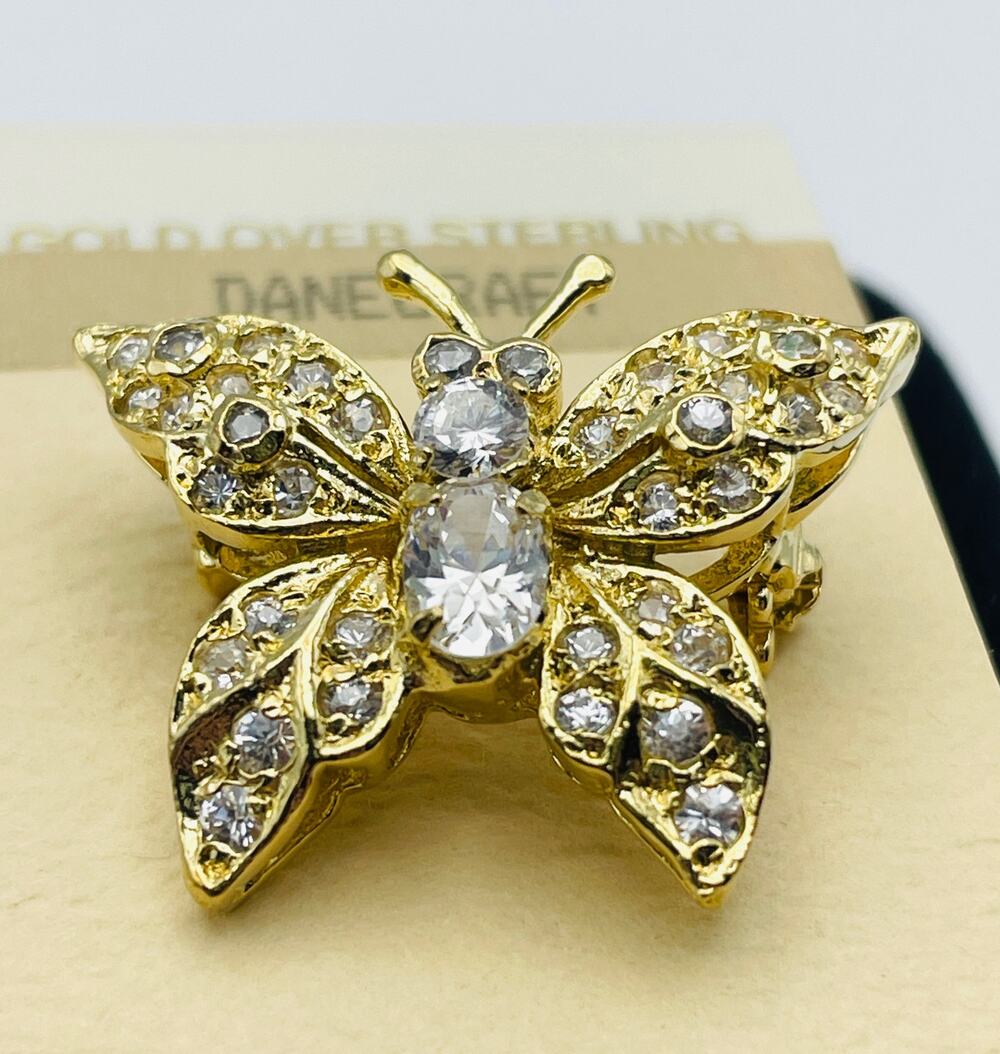 Danecraft Butterfly Pin 24K Yellow Gold Over Sterling Silver Brooch Crystals NOS